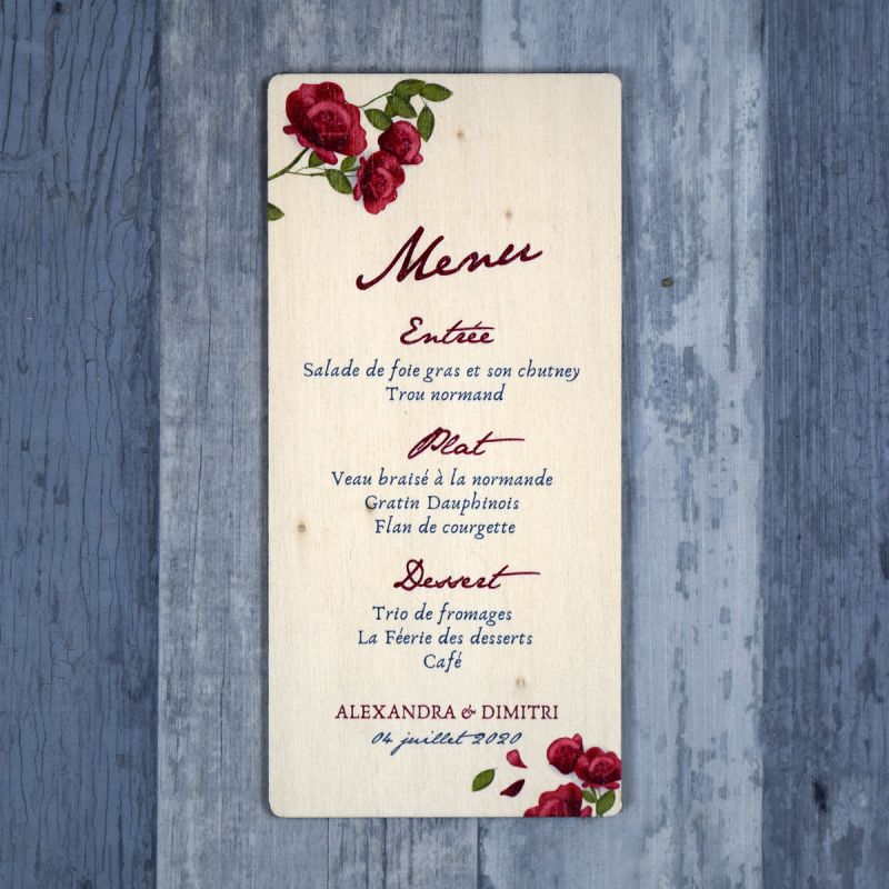 Roses - Menu de mariage en bois - hover