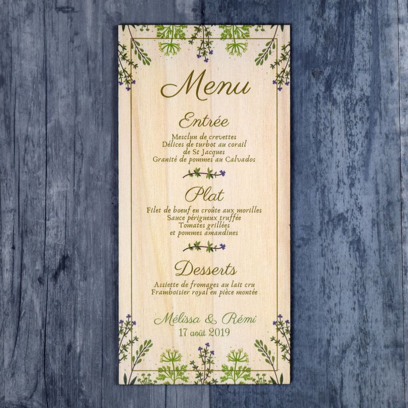 Fleurs sauvages - Menu de mariage en bois - hover