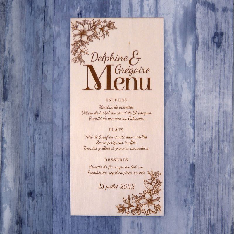 Floral classique - Menu de mariage en bois - hover