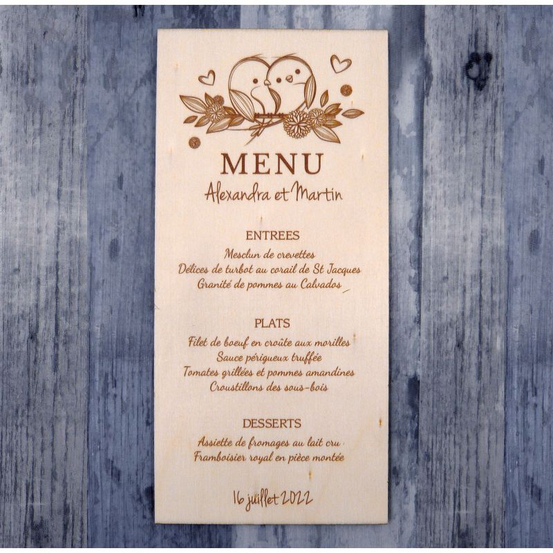 Les oiseaux - Menu de mariage en bois - hover