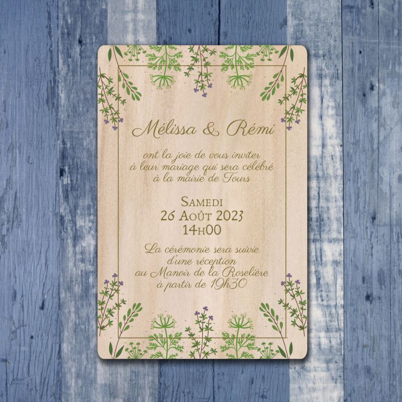 Fleurs sauvages - faire part mariage en bois - hover