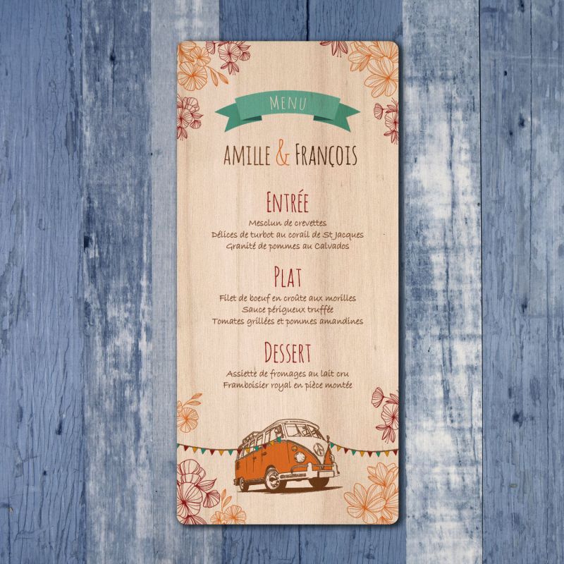 Seventies - Menu de mariage en bois - hover