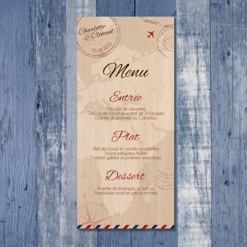 Voyage - Menu de mariage en bois - hover