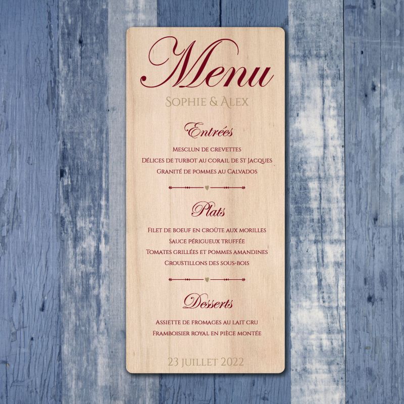 Chic rouge - Impression - Menu de mariage en bois - hover