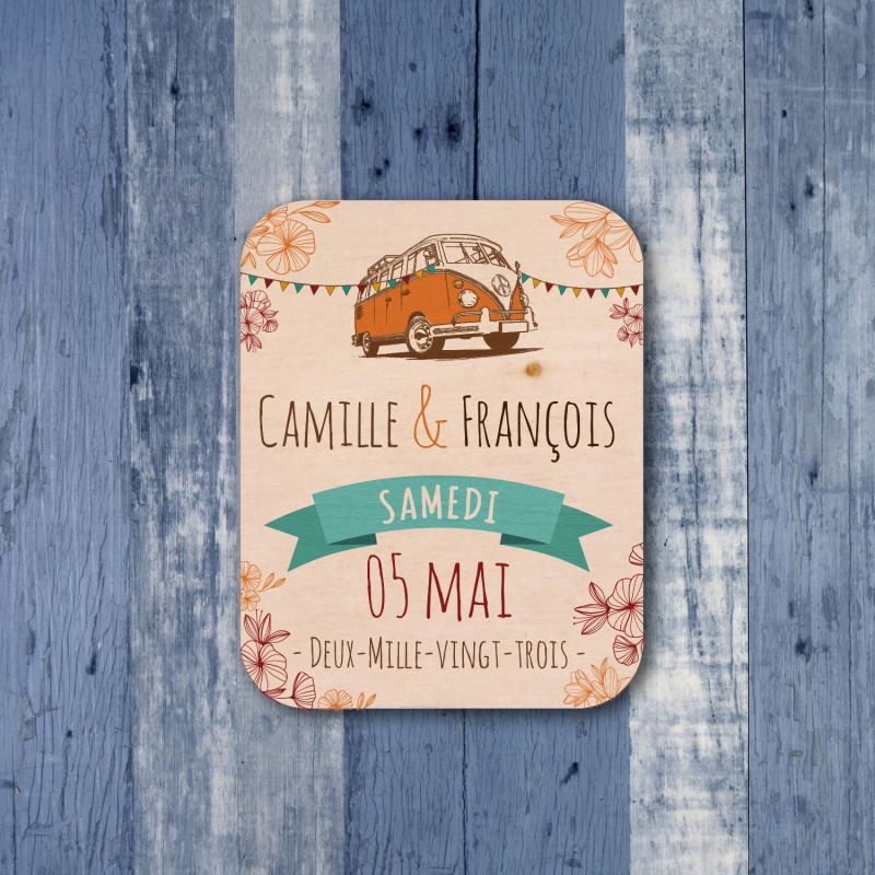 Seventies - Save the date sur bois - hover