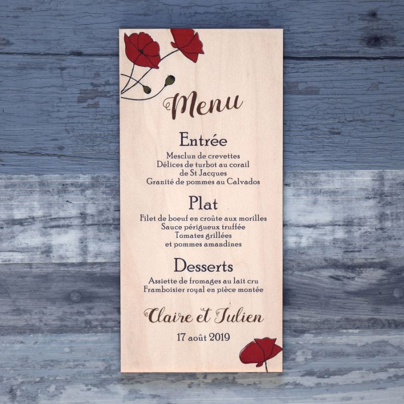 Coquelicots - Menu de mariage en bois - hover