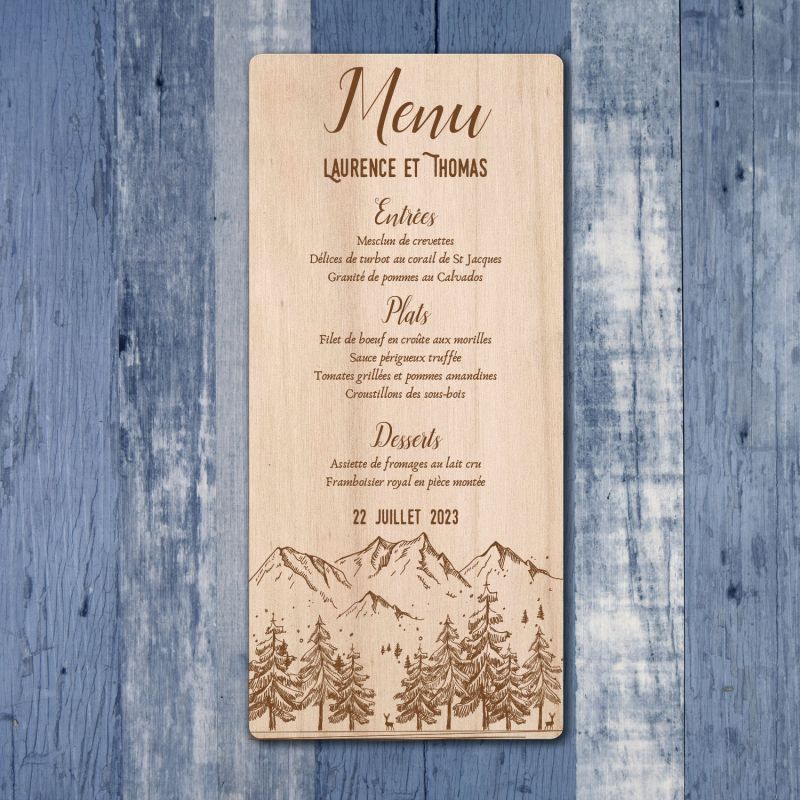 Sommets alpins - Menu de mariage imprimé sur bois - hover