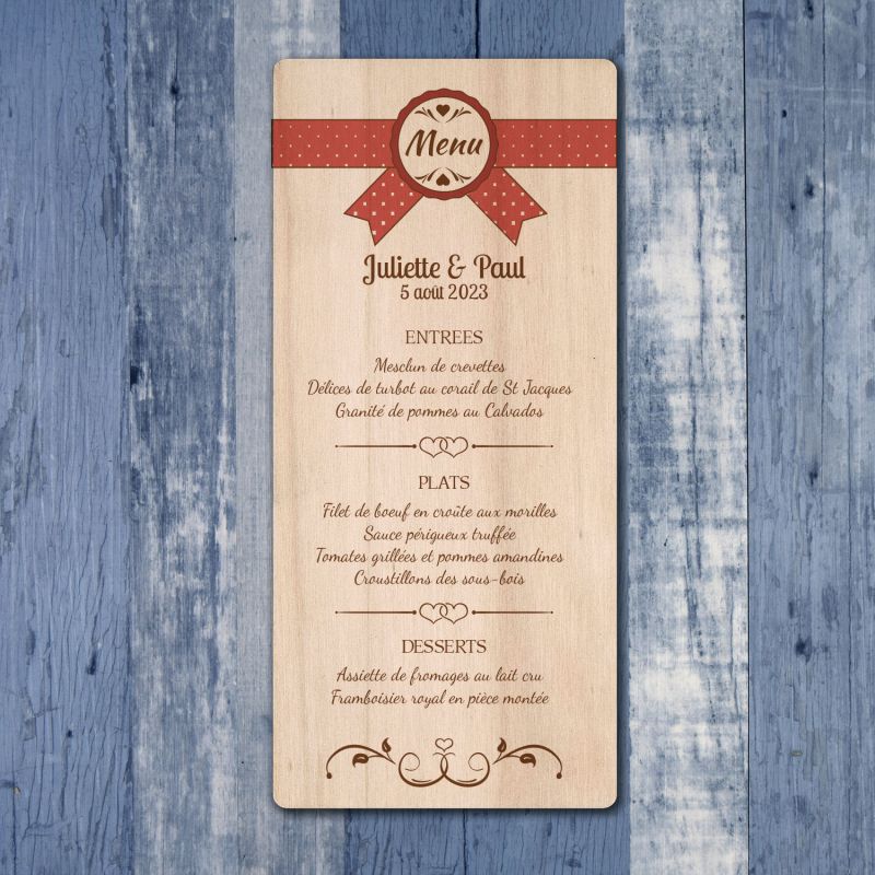 Ruban - Menu de mariage en bois - hover