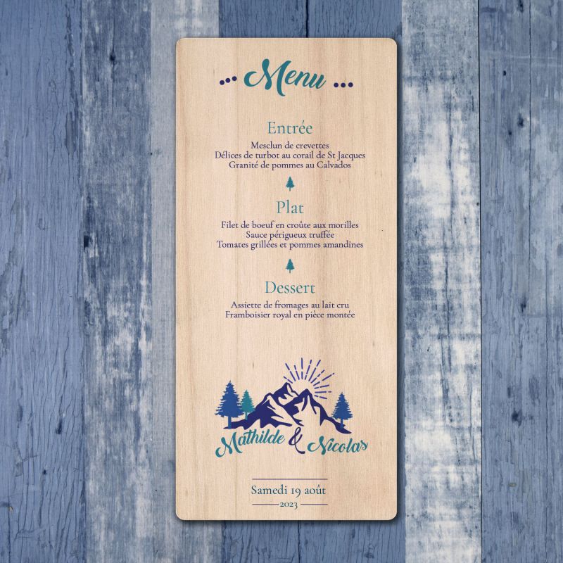 Montagne ensoleillée - Menu de mariage en bois - hover