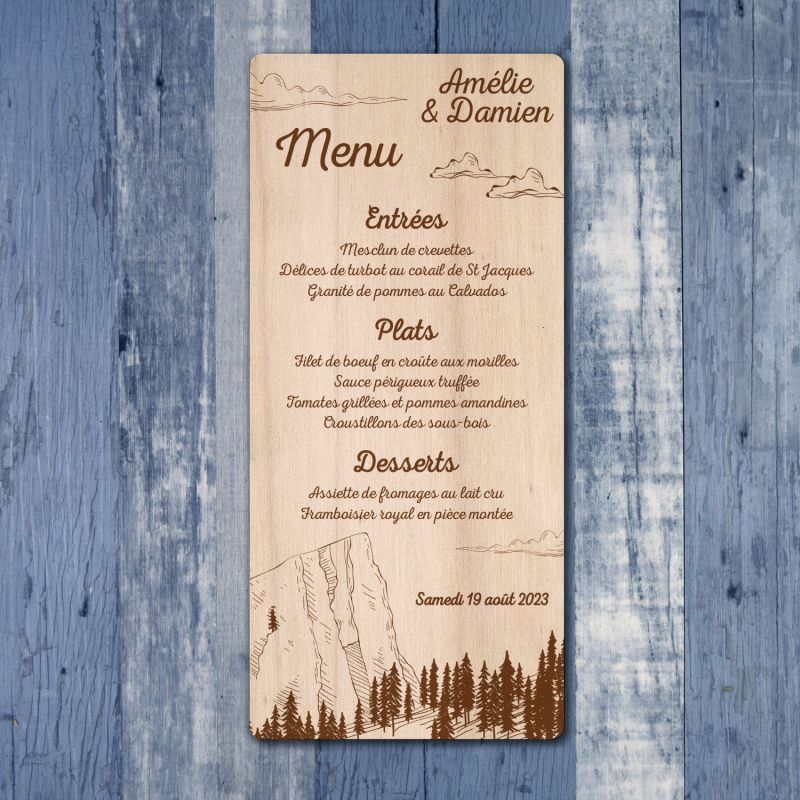 Montagne - Menu de mariage en bois - hover