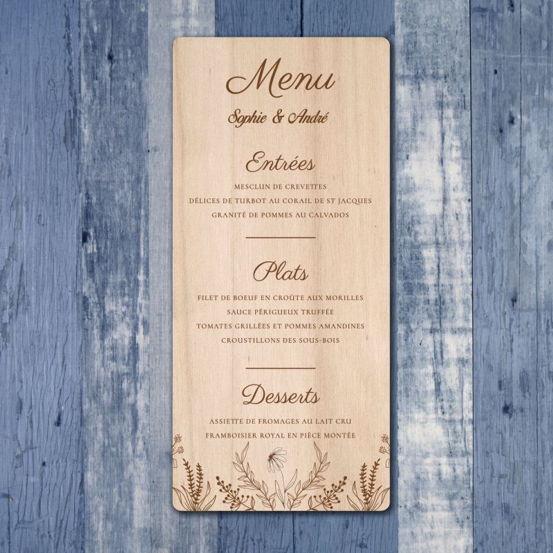 Fleurs champêtres - Menu de mariage en bois - hover