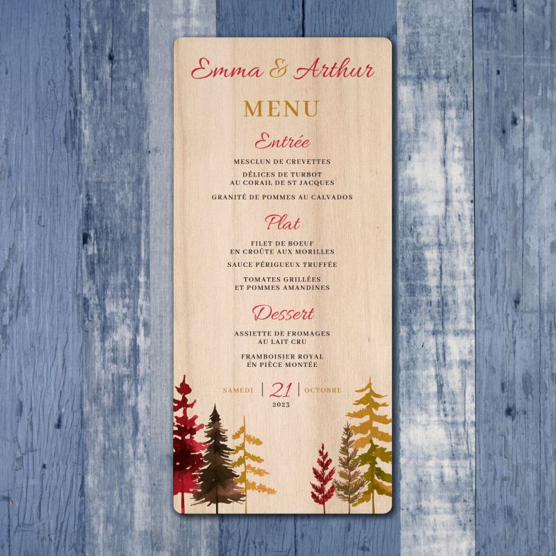 Sapins automne - Menu de mariage en bois - hover