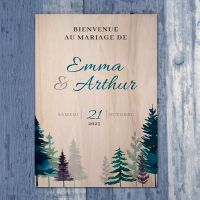 Pancarte de bienvenue mariage en bois - Sapins hiver