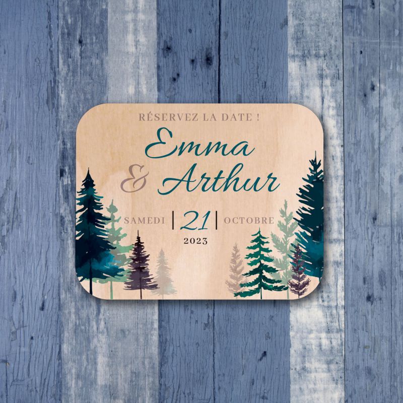 Sapins hiver - Save the date sur bois - hover