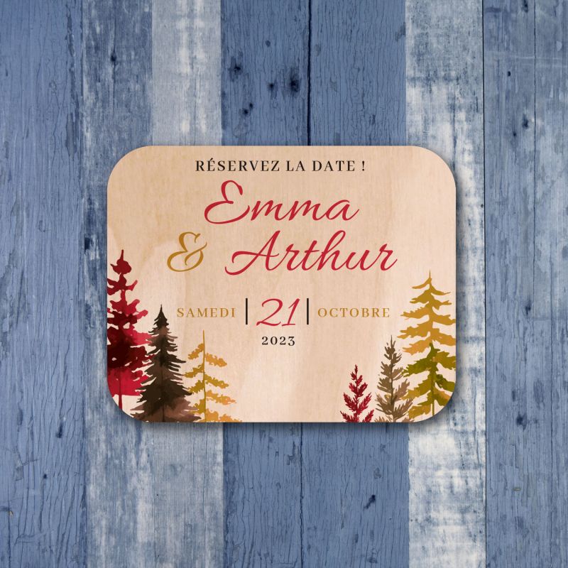 Sapins automne - Save the date sur bois - hover