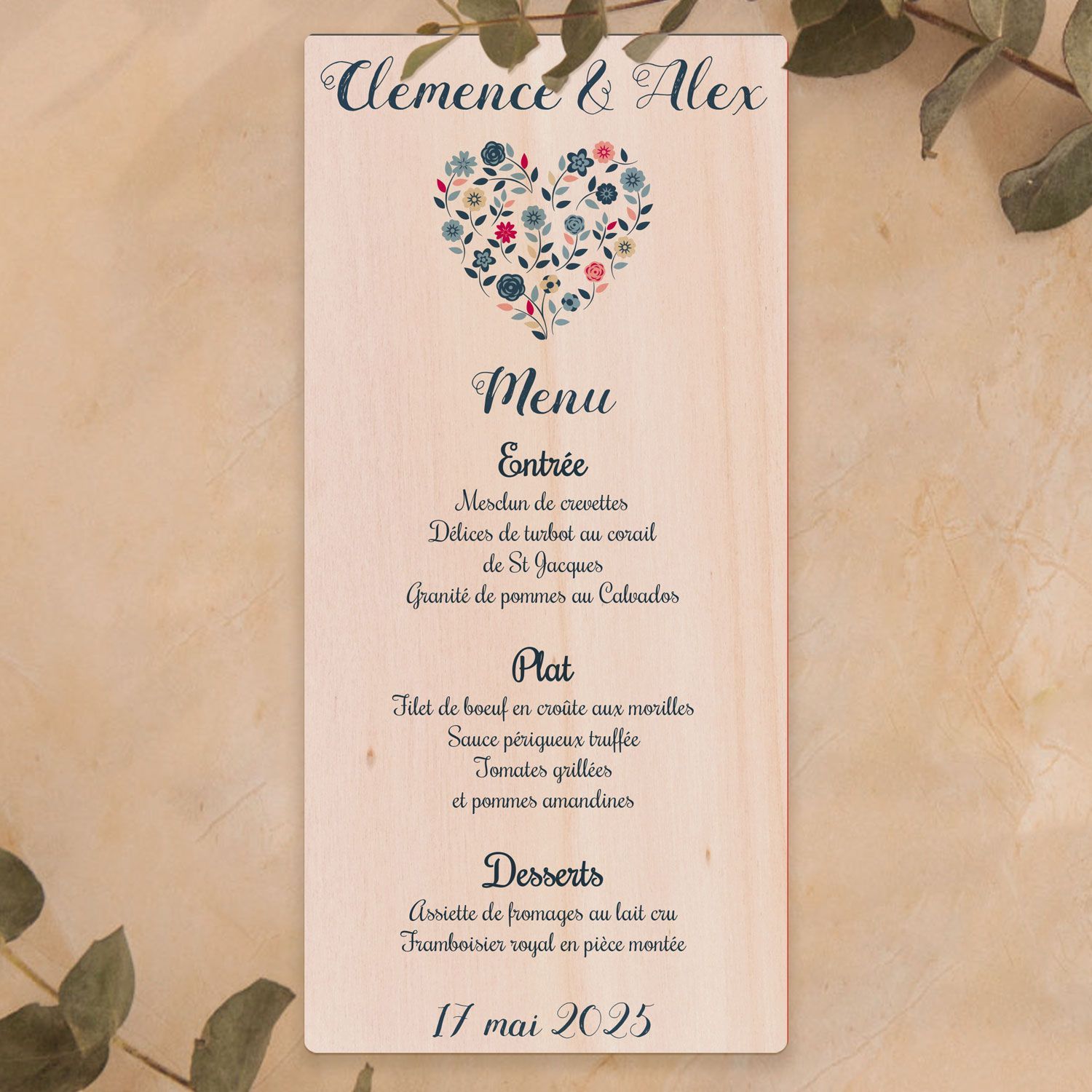 Menu de mariage en bois - Cœur Champêtre