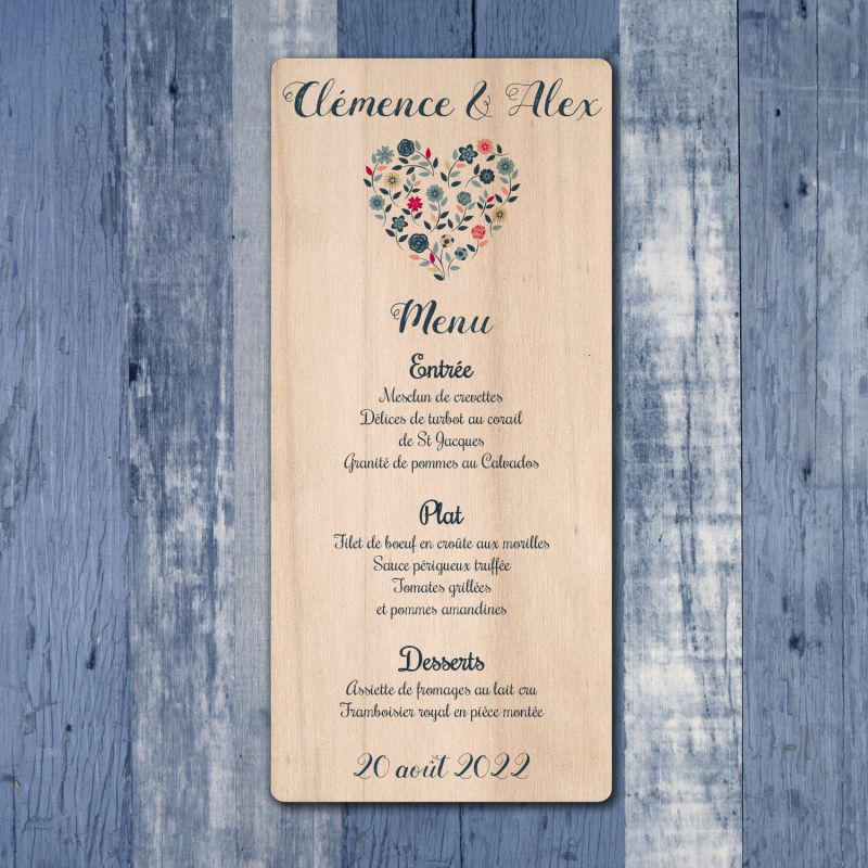 Coeur champêtre - Menu de mariage en bois - hover