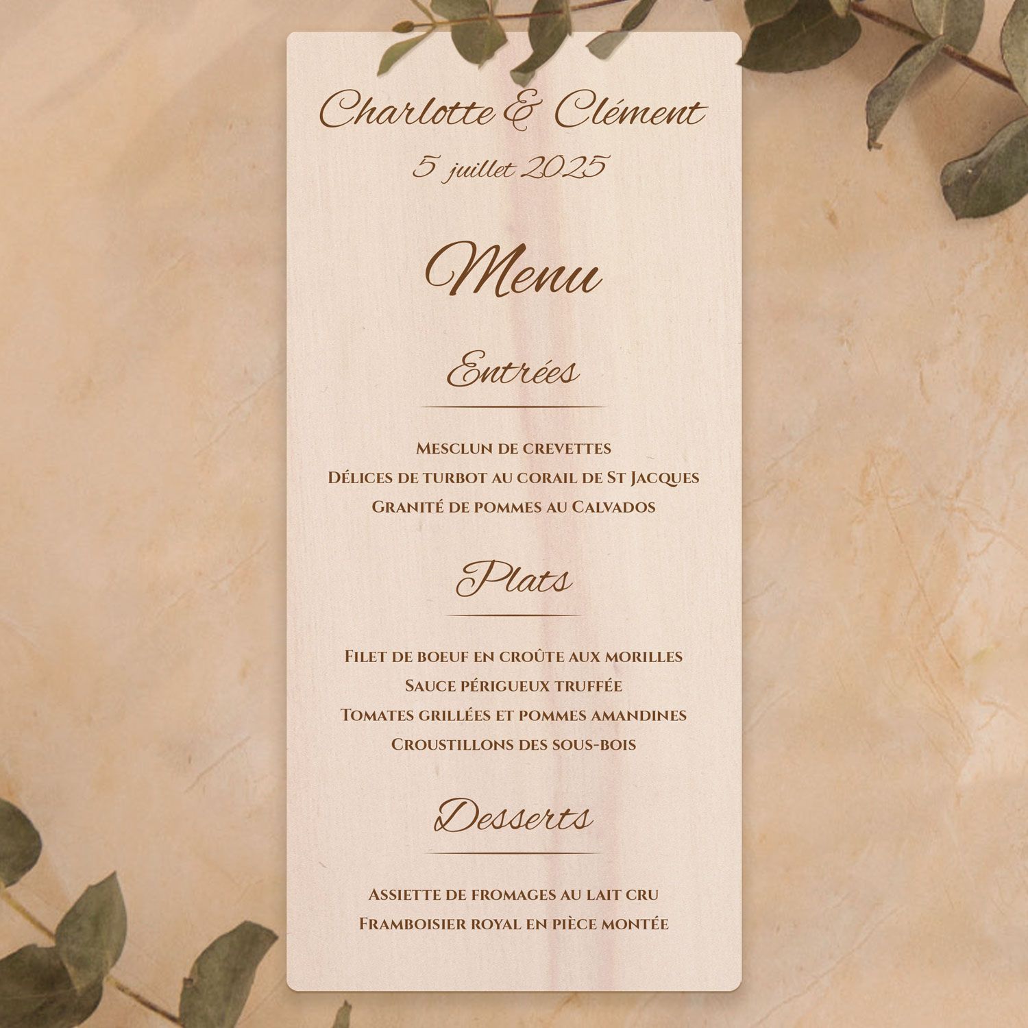 Menu de mariage en bois chic et élégant 2