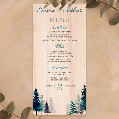 Menu de mariage en bois - Montagne sapin hiver