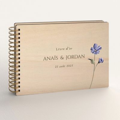 Livre d'or de mariage personnalisé en bois de peuplier fleur violette