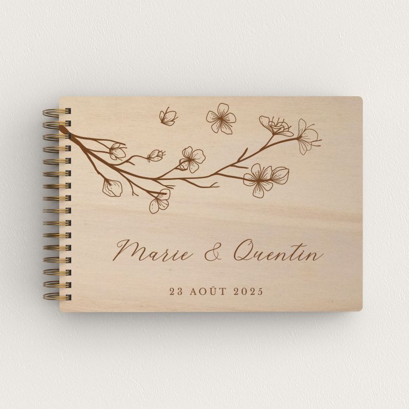 Livre d'or de mariage en bois personnalisé - En peuplier - Branche fleurie - hover