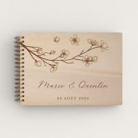 Livre d'or de mariage personnalisé en bois de peuplier fleur violette