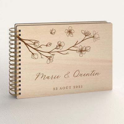 Livre d'or de mariage personnalisé en bois de peuplier fleur violette