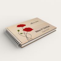 Livre d'or de mariage personnalisé en bois de peuplier avec un coquelicot