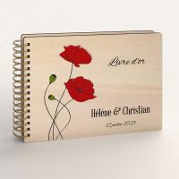 Livre d'or de mariage en bois personnalisé - En peuplier - Coquelicots