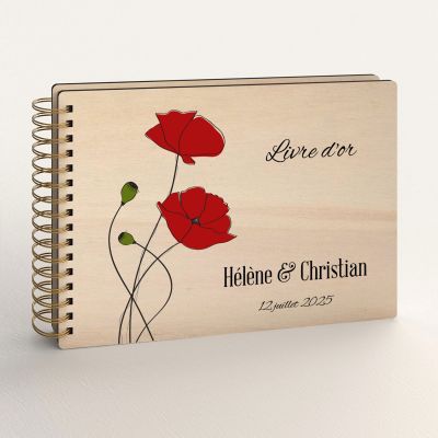 Livre d'or de mariage personnalisé en bois de peuplier avec un coquelicot