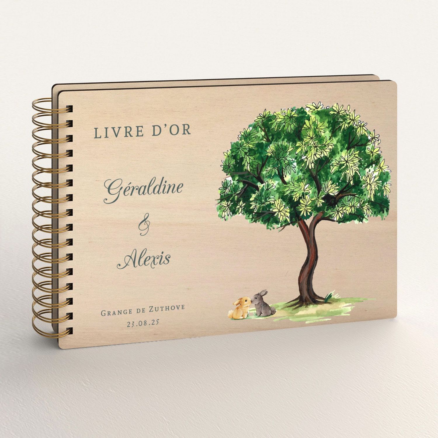 Livre d'or de mariage personnalisé en bois avec un arbre champetre