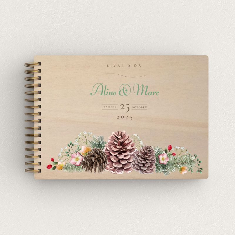 Livre d'or de mariage en bois personnalisé - En peuplier - Fleurs de montagne - hover