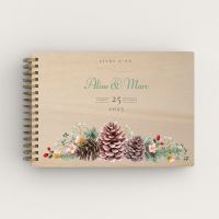 Livre d'or de mariage personnalisé en bois de peuplier avec des fleurs montagne