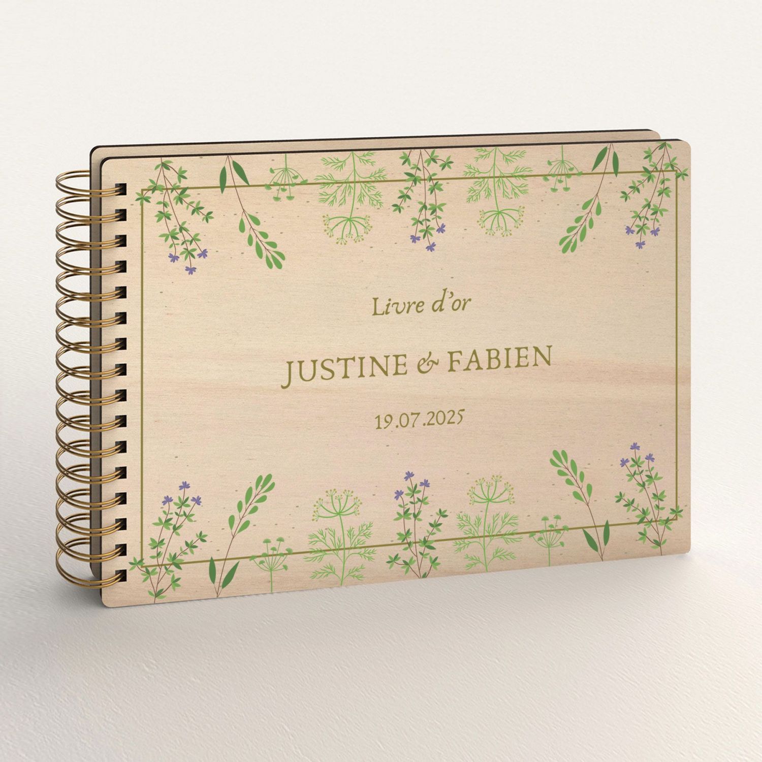 Livre d'or de mariage personnalisé en bois de peuplier avec des fleurs de printemps