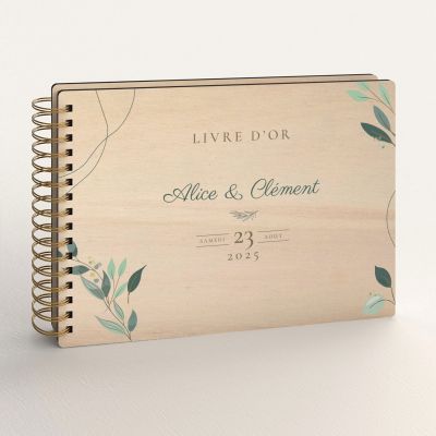 Livre d'or de mariage personnalisé en bois de peuplier avec fleurs naturelles