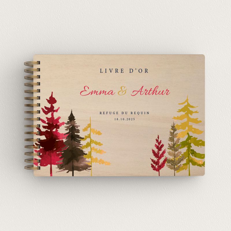 Livre d'or de mariage en bois personnalisé - En peuplier - Sapins automne - hover