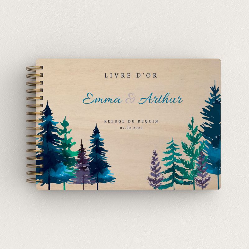 Livre d'or de mariage en bois personnalisé - En peuplier - Sapins hiver - hover