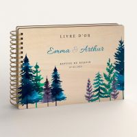 Livre d'or de mariage en bois personnalisé - En peuplier - Sapins hiver