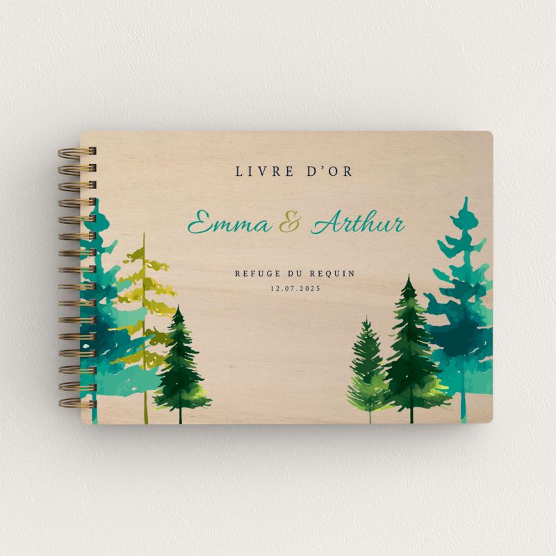 Livre d'or de mariage en bois personnalisé - En peuplier - Sapins printemps-ete - hover