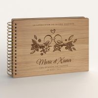 Livre d'or de mariage en bois gravé sur chêne - Oiseaux