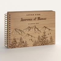 Livre d'or de mariage en bois gravé sur chêne - Sommets alpins