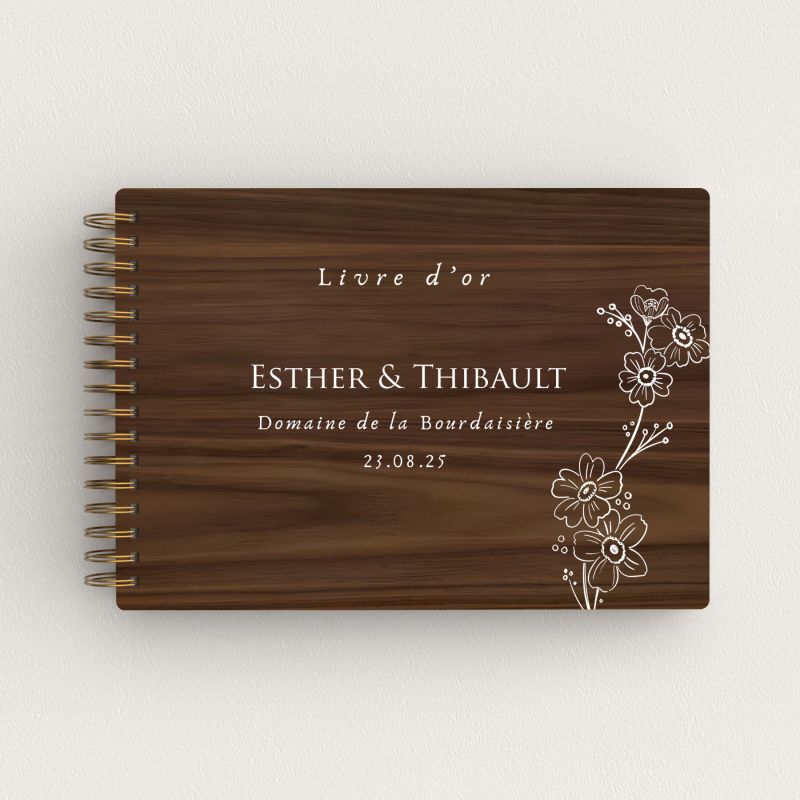 Livre d'or de mariage en bois personnalisé - En noyer - Bouton d'or - hover