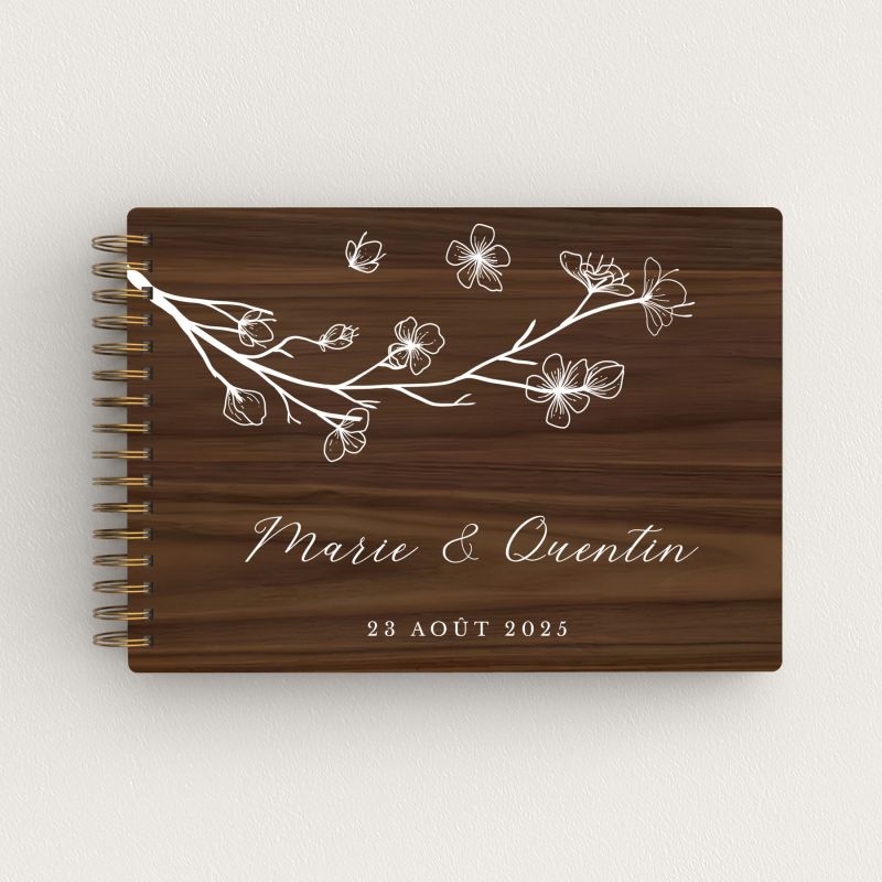 Livre d'or de mariage en bois personnalisé - En noyer - Branches fleuries - hover