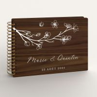 Livre d'or de mariage en bois personnalisé - En noyer - Branches fleuries