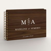 Livre d'or de mariage en bois personnalisé sur noyer avec initiales et fleurs