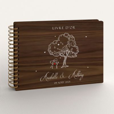 Livre d'or de mariage en bois personnalisé sur noyer avec arbre champetre