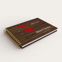 Livre d'or de mariage en bois personnalisé sur noyer avec un coquelicot