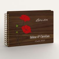 Livre d'or de mariage en bois personnalisé - En noyer - Coquelicots