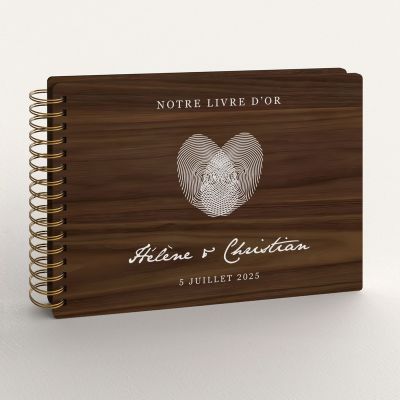 Livre d'or de mariage en bois personnalisé sur noyer avec des empreintes