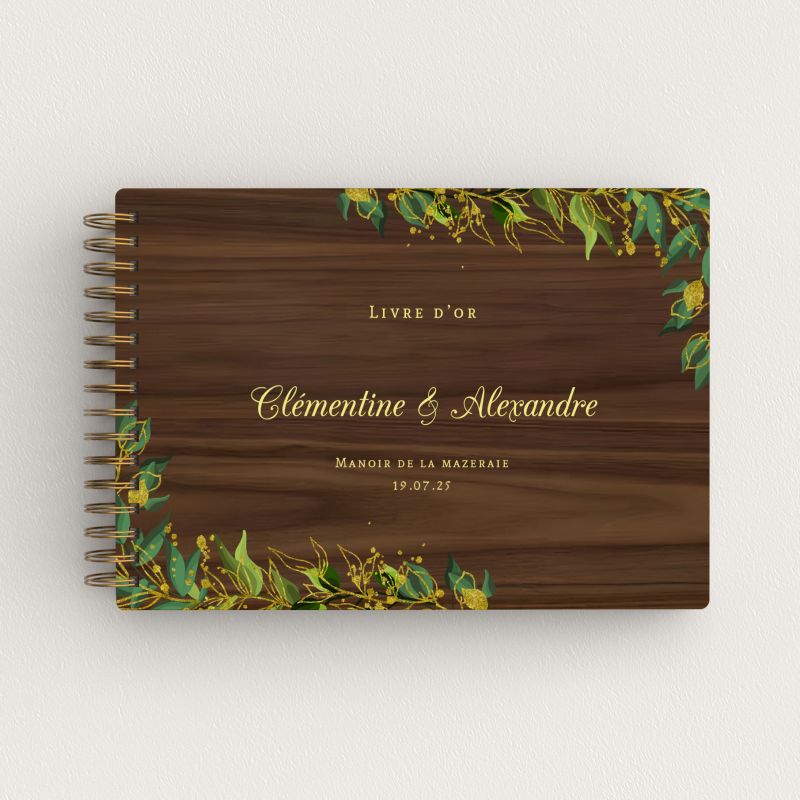 Livre d'or de mariage en bois personnalisé - En noyer - Feuillage - hover